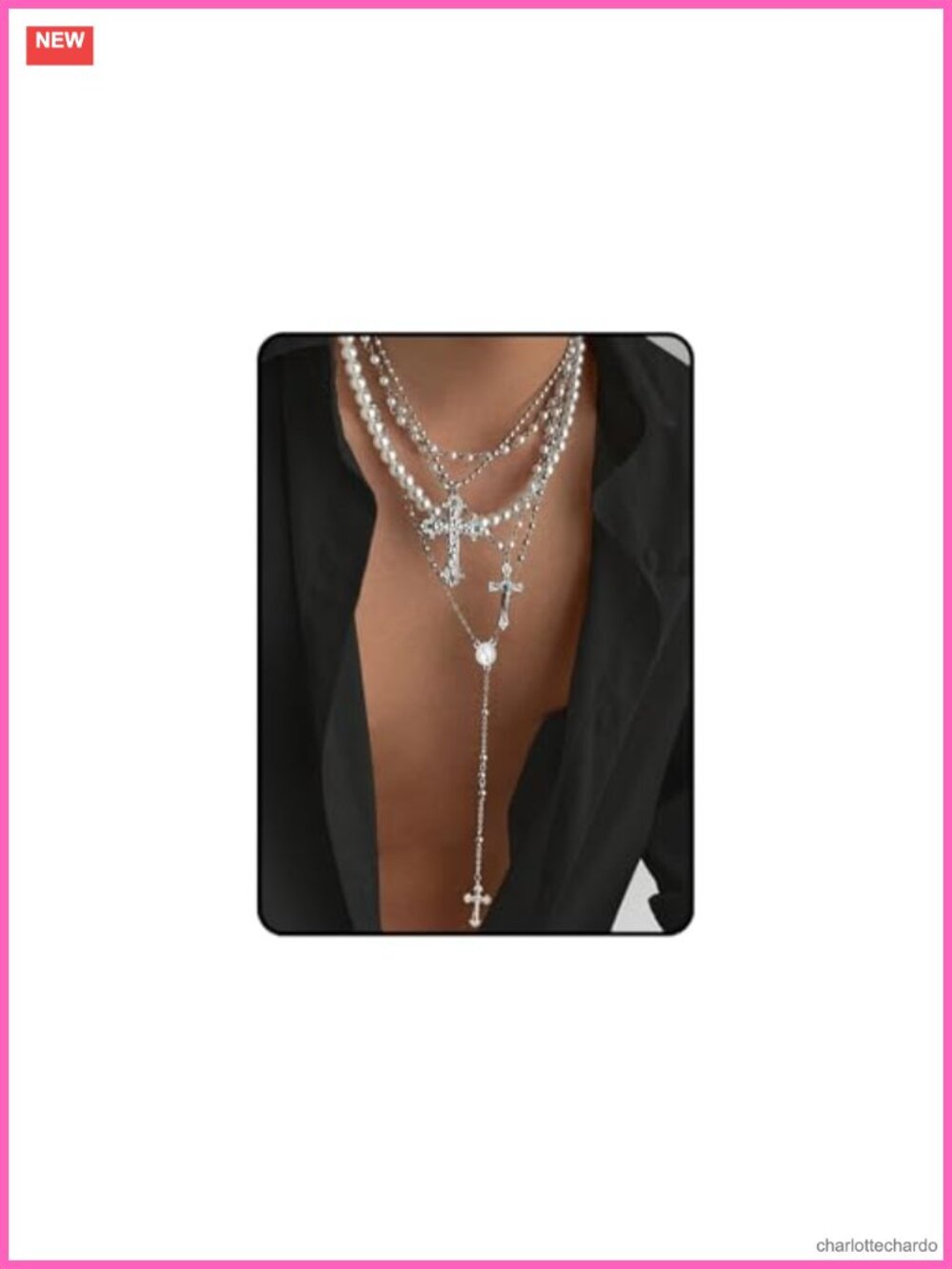 Layered Cross Necklace Set for Women, 4Pcs Pearl Rosary Choker Chunky Christian